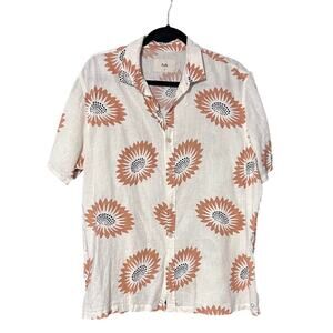 Folk Men's sz M Ivory Floral Linen Blend Short Sleeve Button Shirt